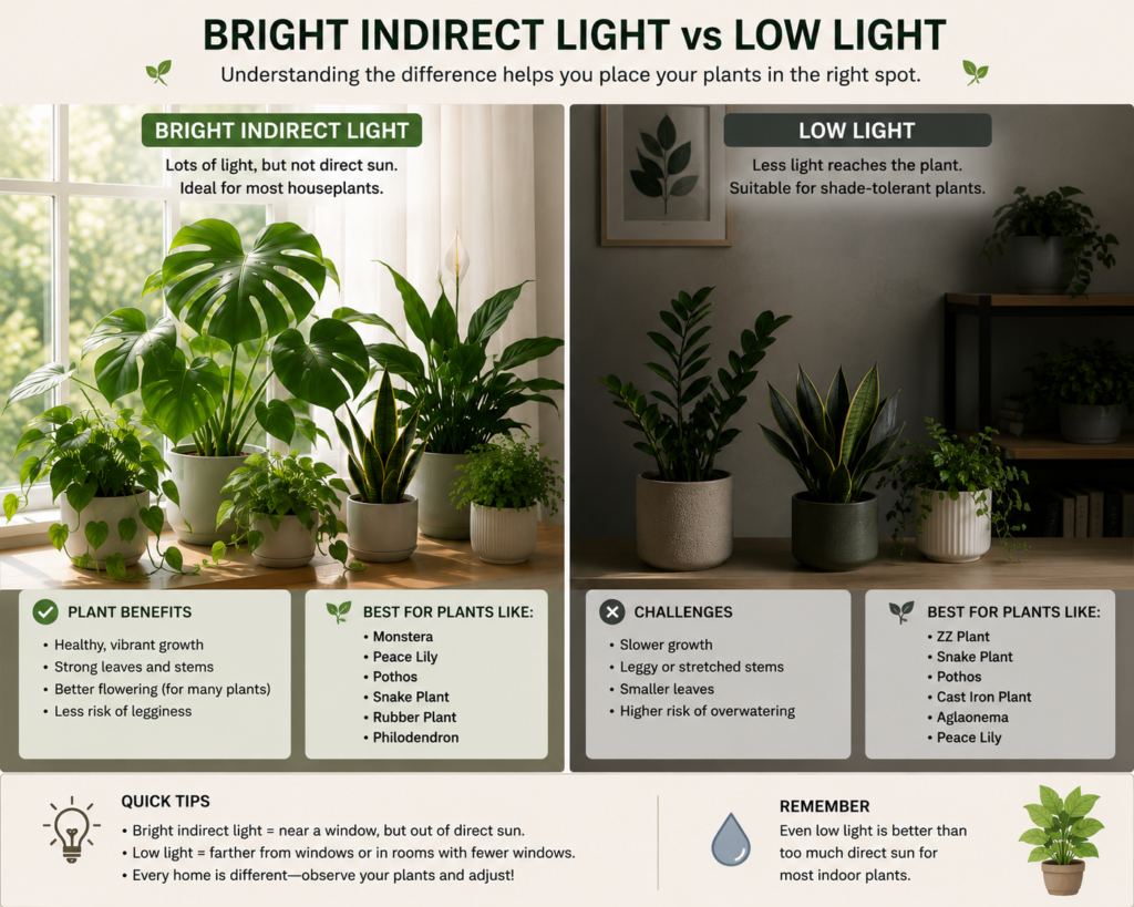 Indoor plants in bright indirect light compared with low light conditions.
