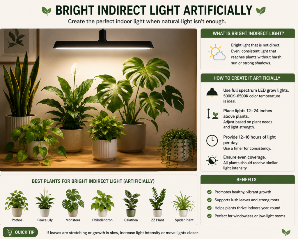 Indoor plants under artificial bright indirect light.
