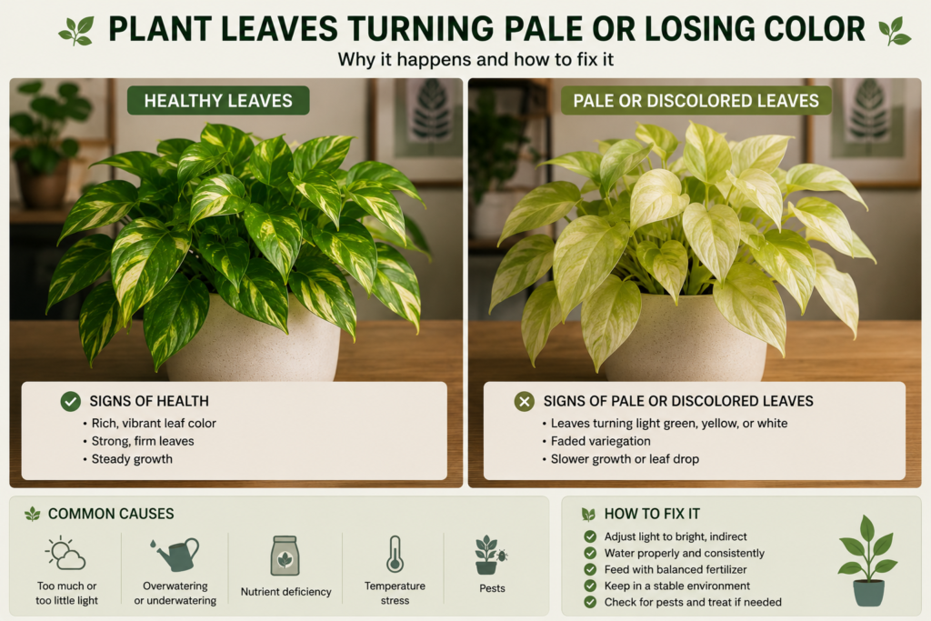 Healthy green leaves compared with pale, faded plant leaves.
