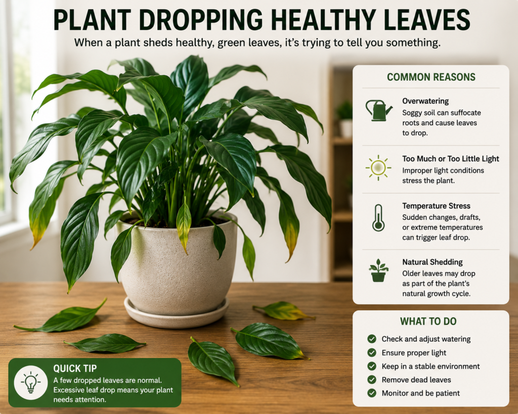 Houseplant dropping healthy green leaves indoors.

