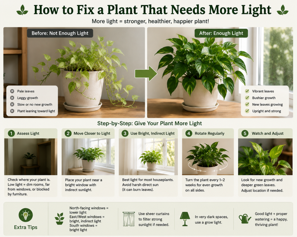 Steps to fix a houseplant that needs more light.

