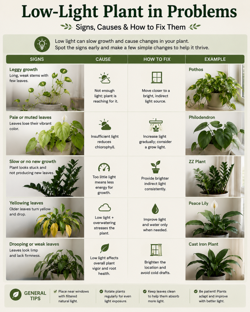 Common problems and fixes for low-light indoor plants.
