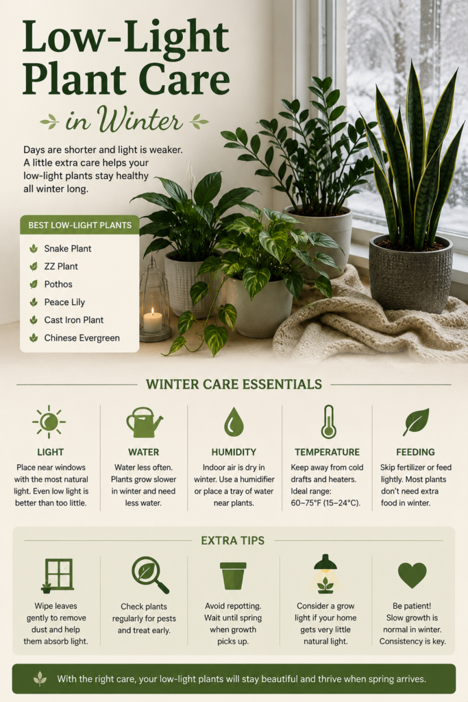 Winter care tips for low-light indoor plants.

