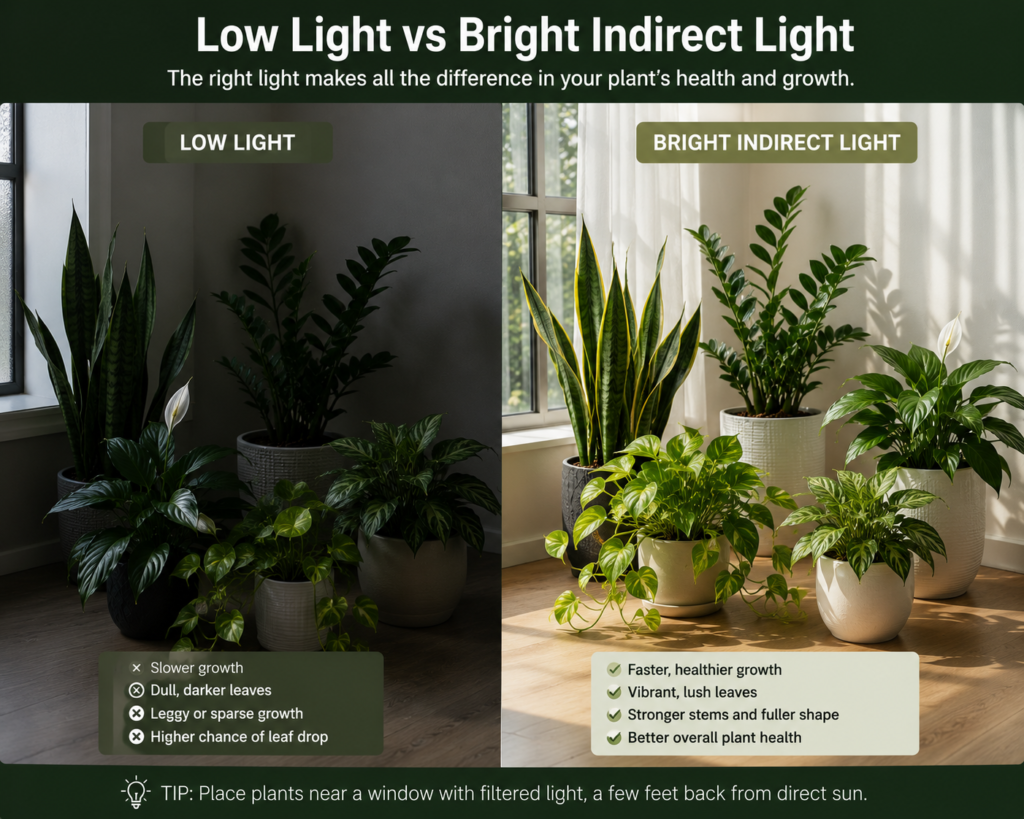 Indoor plants in low light compared with bright indirect light.
