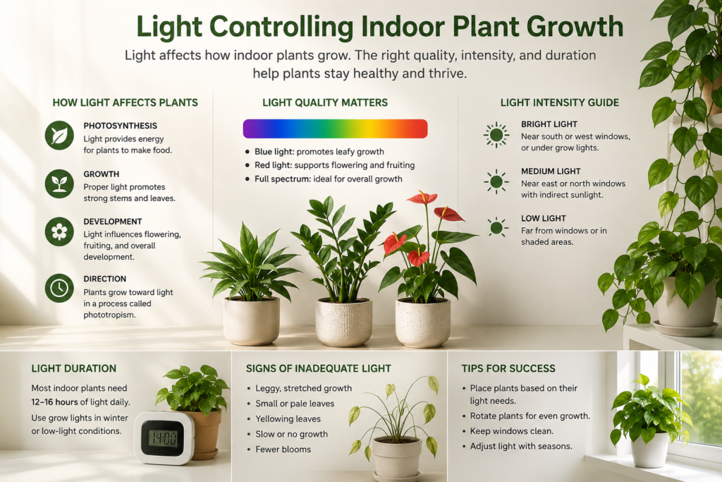 Light levels controlling indoor plant growth and plant health.
