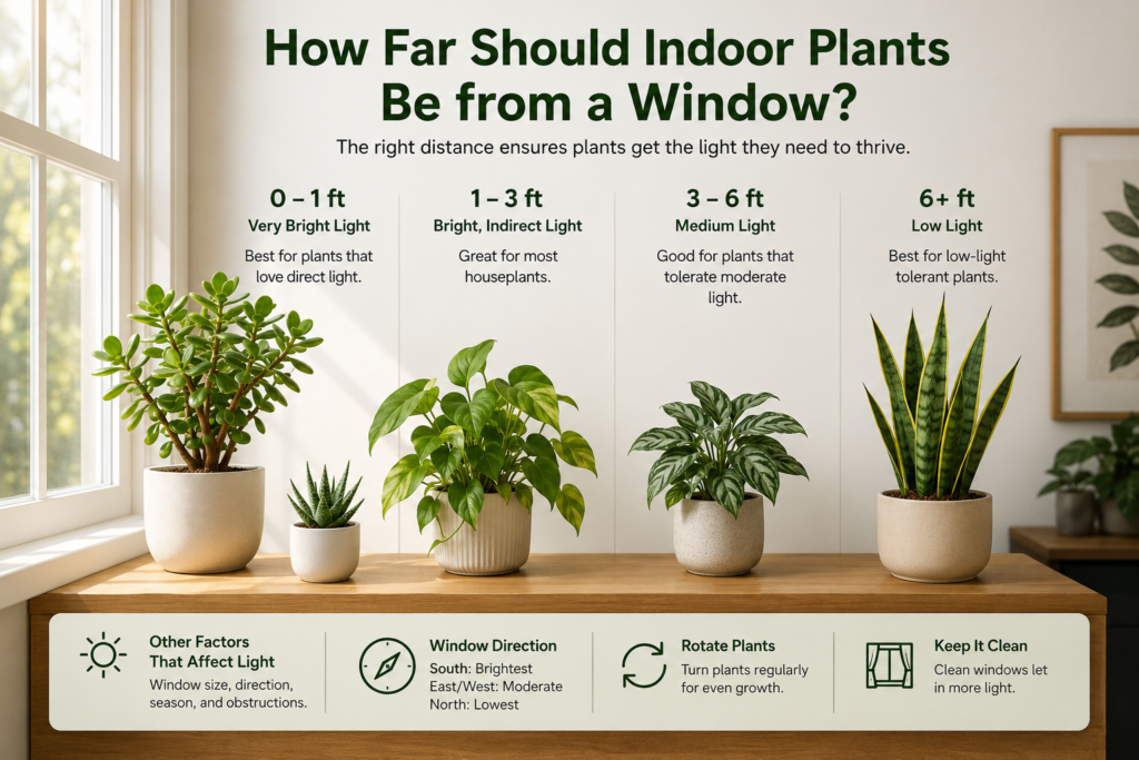 Indoor plant distance from window and light exposure guide.
