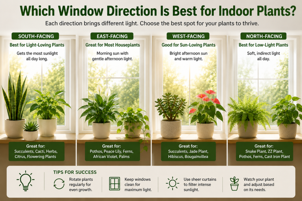 Window direction guide for indoor plant light needs.
