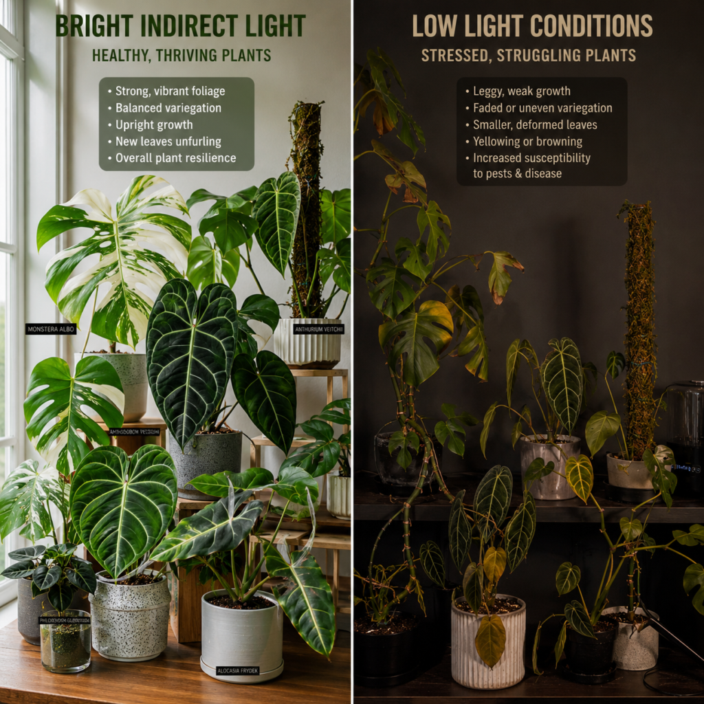 Rare houseplants in proper versus poor lighting