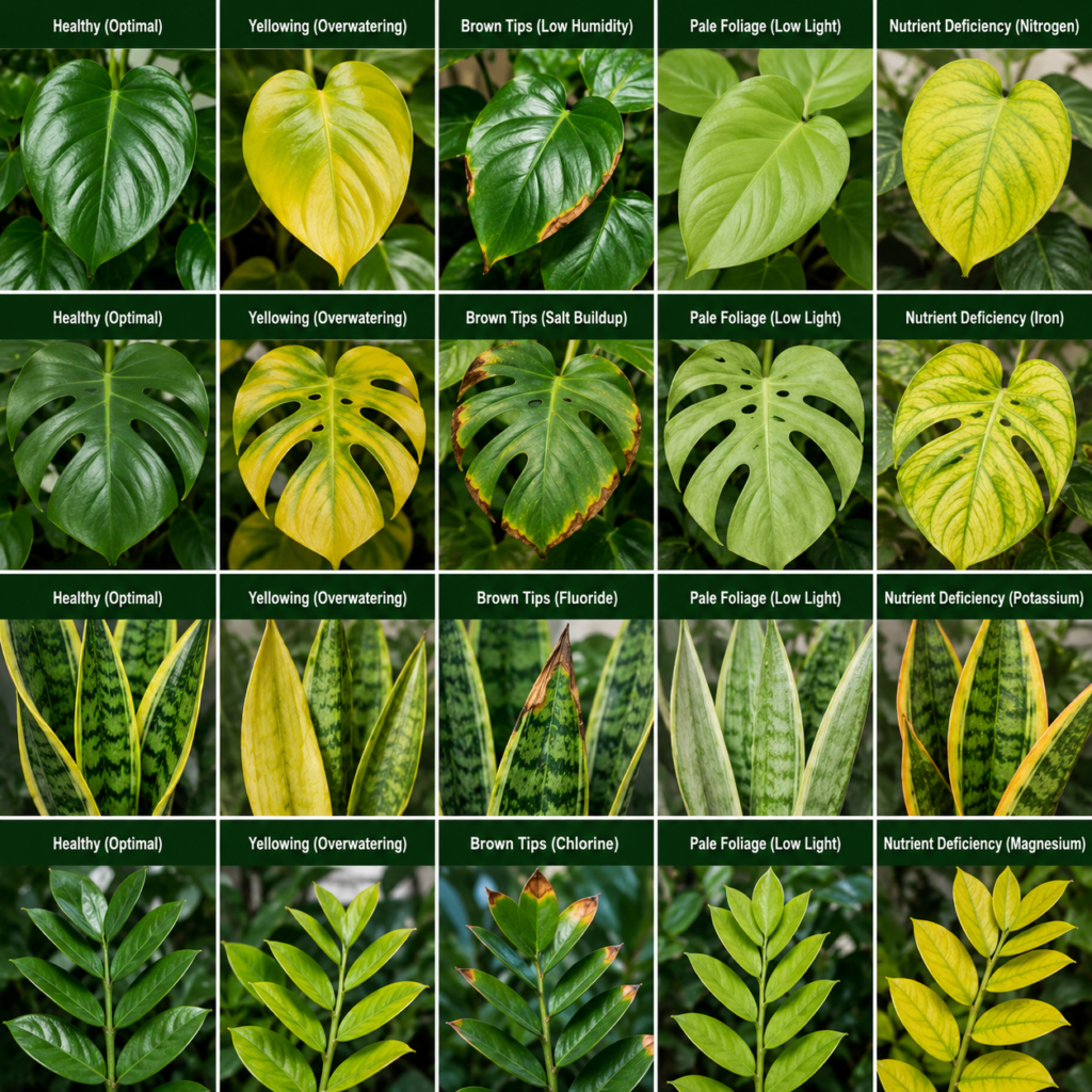 Healthy vs unhealthy plant leaf comparison showing green, yellow, brown, pale, and nutrient-deficient foliage.