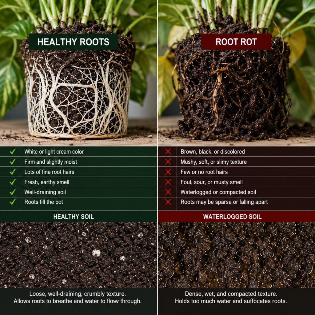 Healthy roots vs root rot comparison with healthy and waterlogged soil.