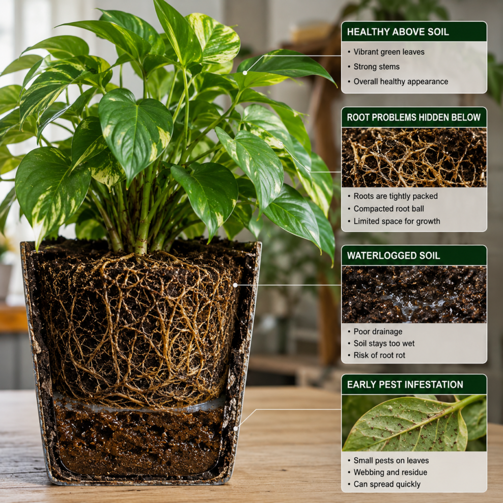 Healthy plant with hidden root, soil, and pest problems revealed below the surface.