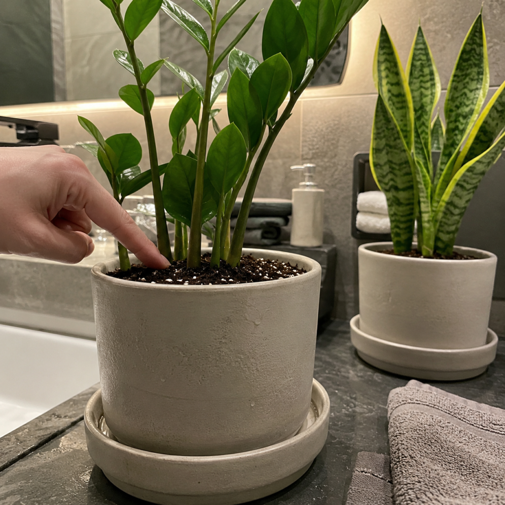 Watering no-window bathroom plants safely.
