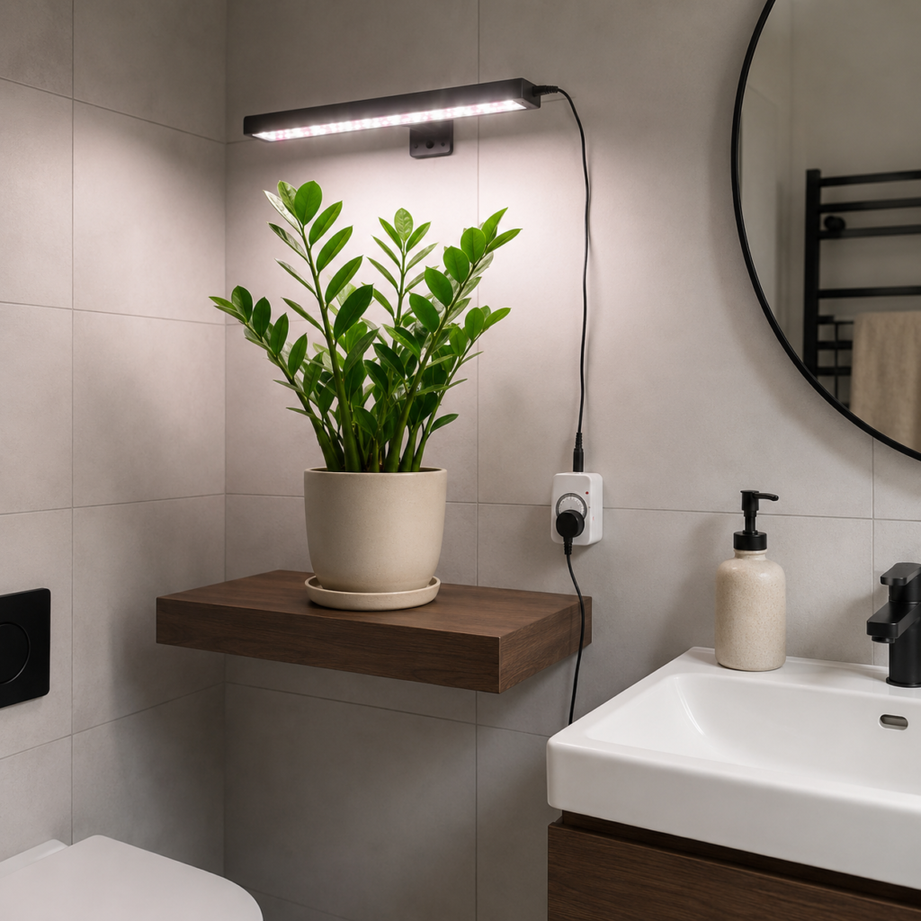 Beginner setup for no-window bathroom plants.