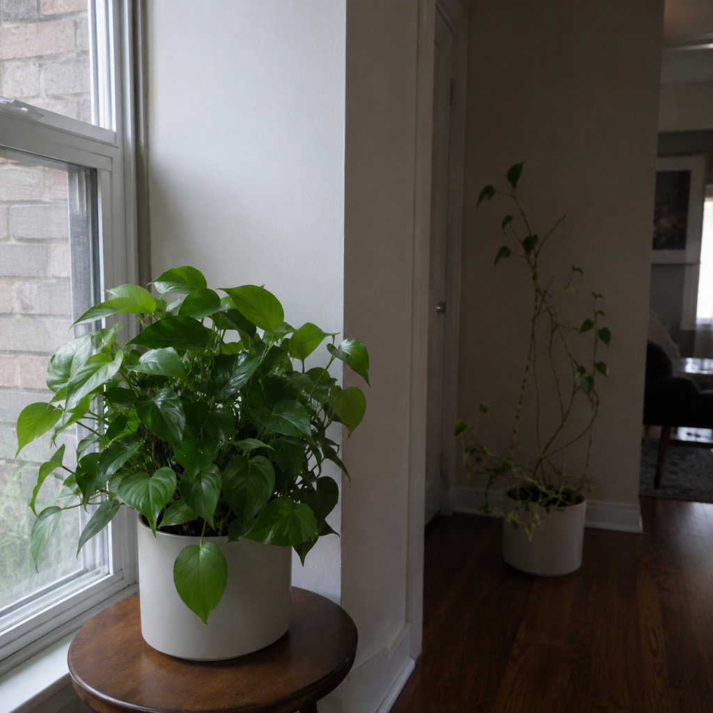 Indoor plant close to north-facing window compared with weak plant in dark room.