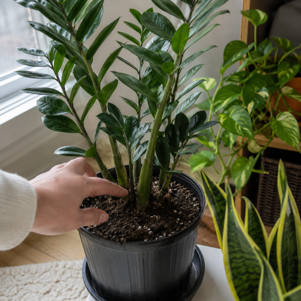 Checking soil before watering north-facing window plants.