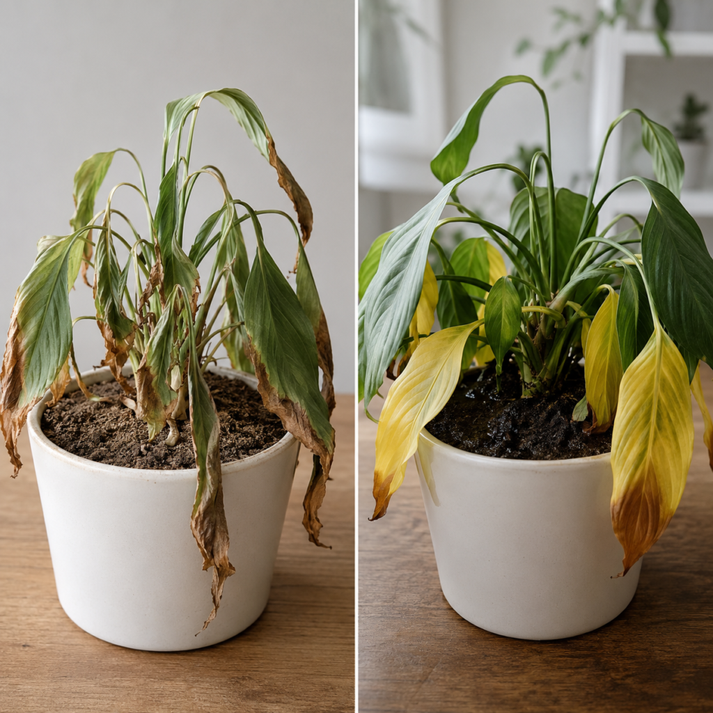 Underwatered versus overwatered indoor plant symptoms.
