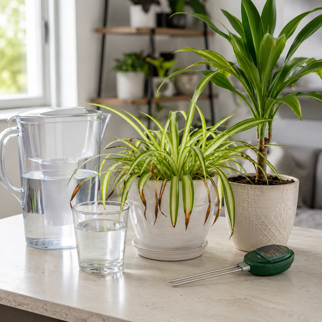 Tap water minerals causing brown leaf tips.
