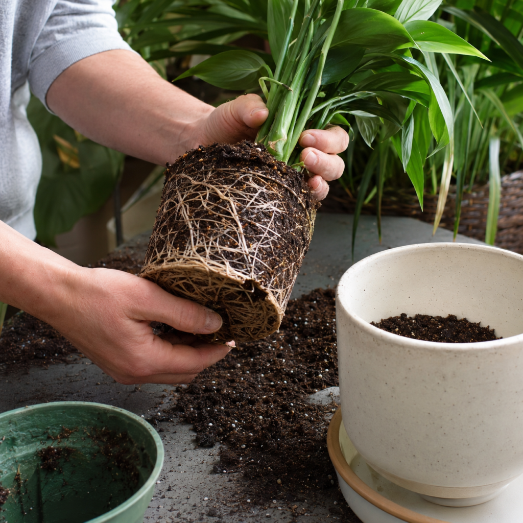 Repotting a rootbound houseplant with brown leaf tips.