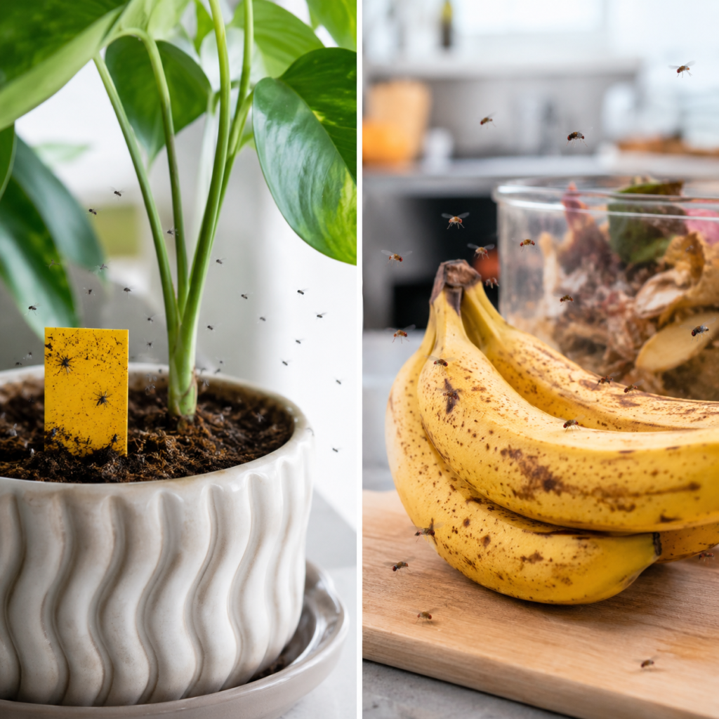 Fungus gnats near plant soil compared with fruit flies near fruit.