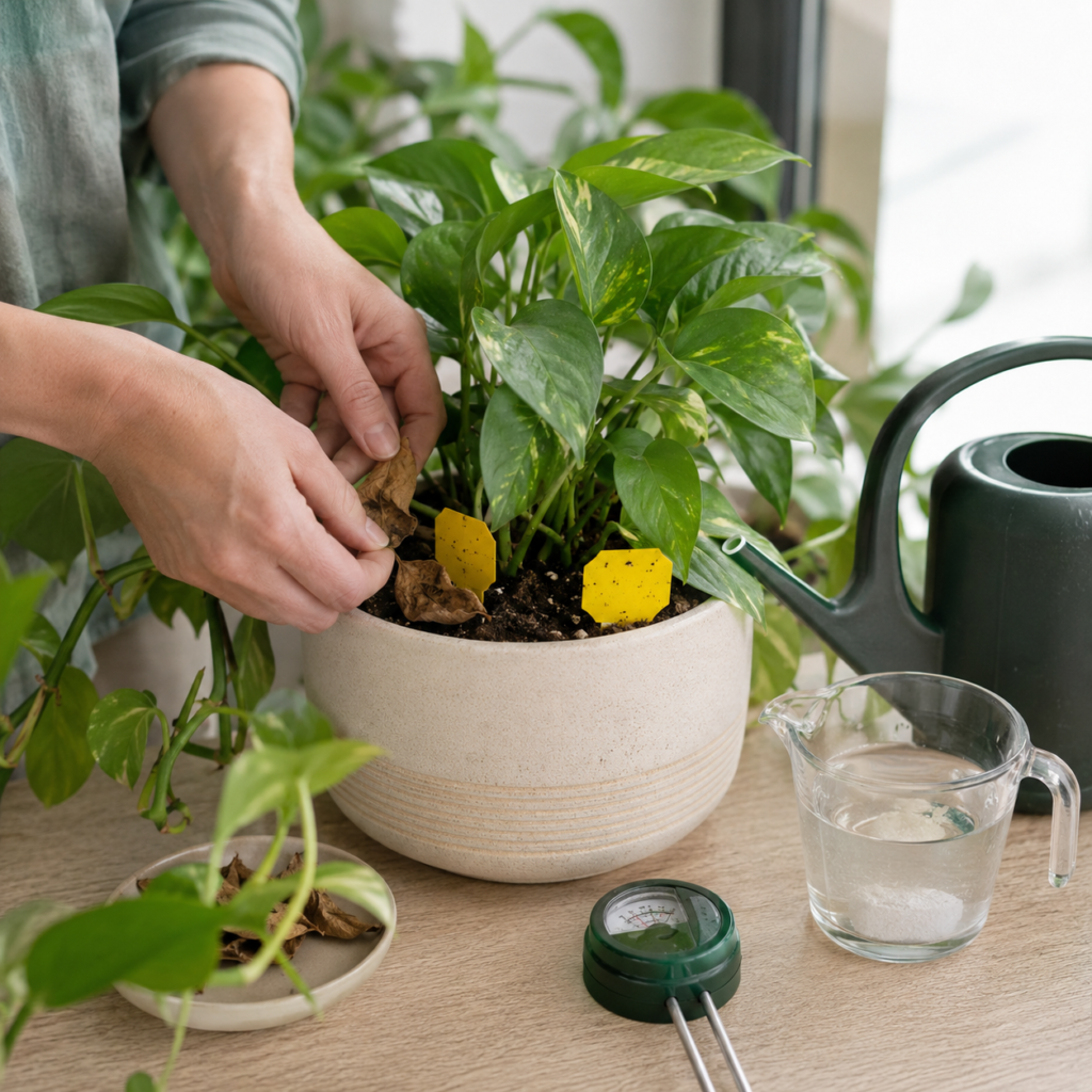 Fast fungus gnat treatment setup for indoor plants.
