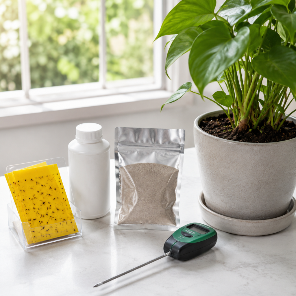Fungus gnat treatment options including Bti, nematodes, and sticky traps.