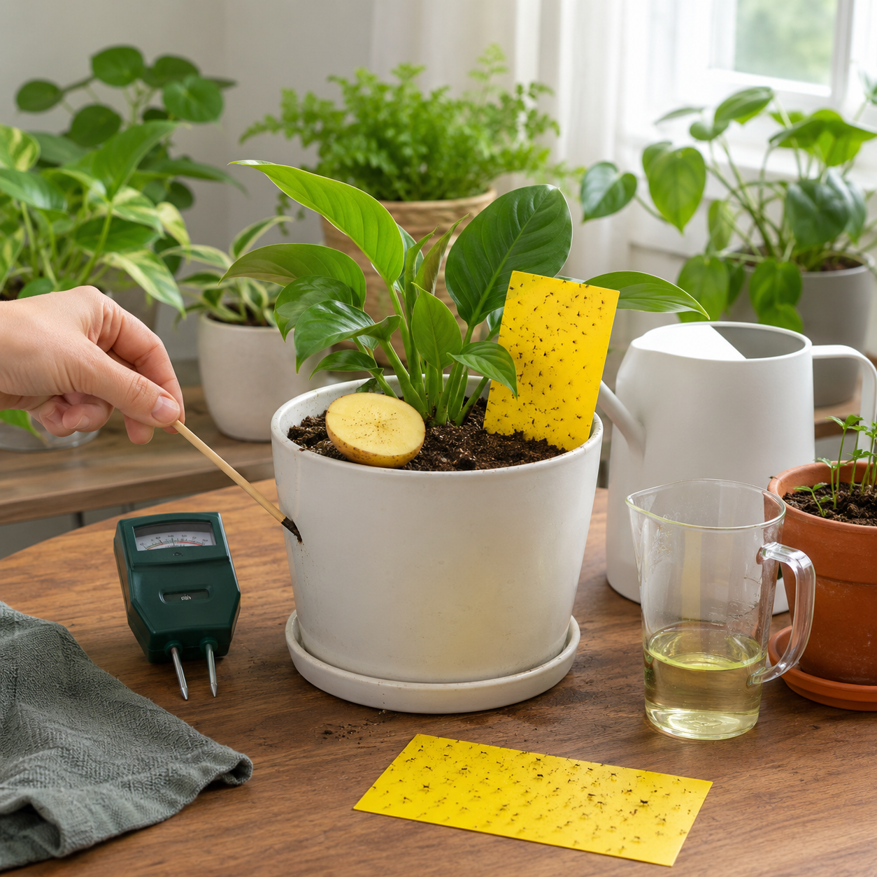 Fungus gnat troubleshooting tools for indoor plants.