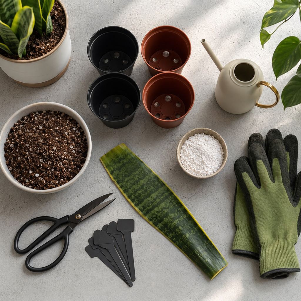 Tools and soil needed to propagate snake plant indoors.