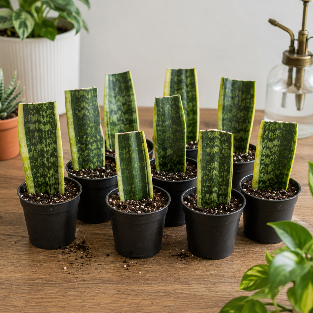 Snake plant leaf cuttings planted upright in soil for propagation.