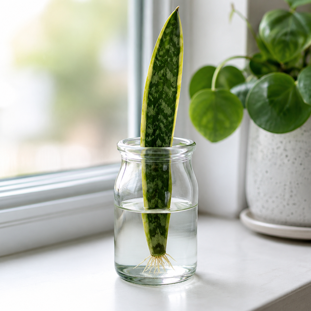Snake plant cutting growing roots in water.