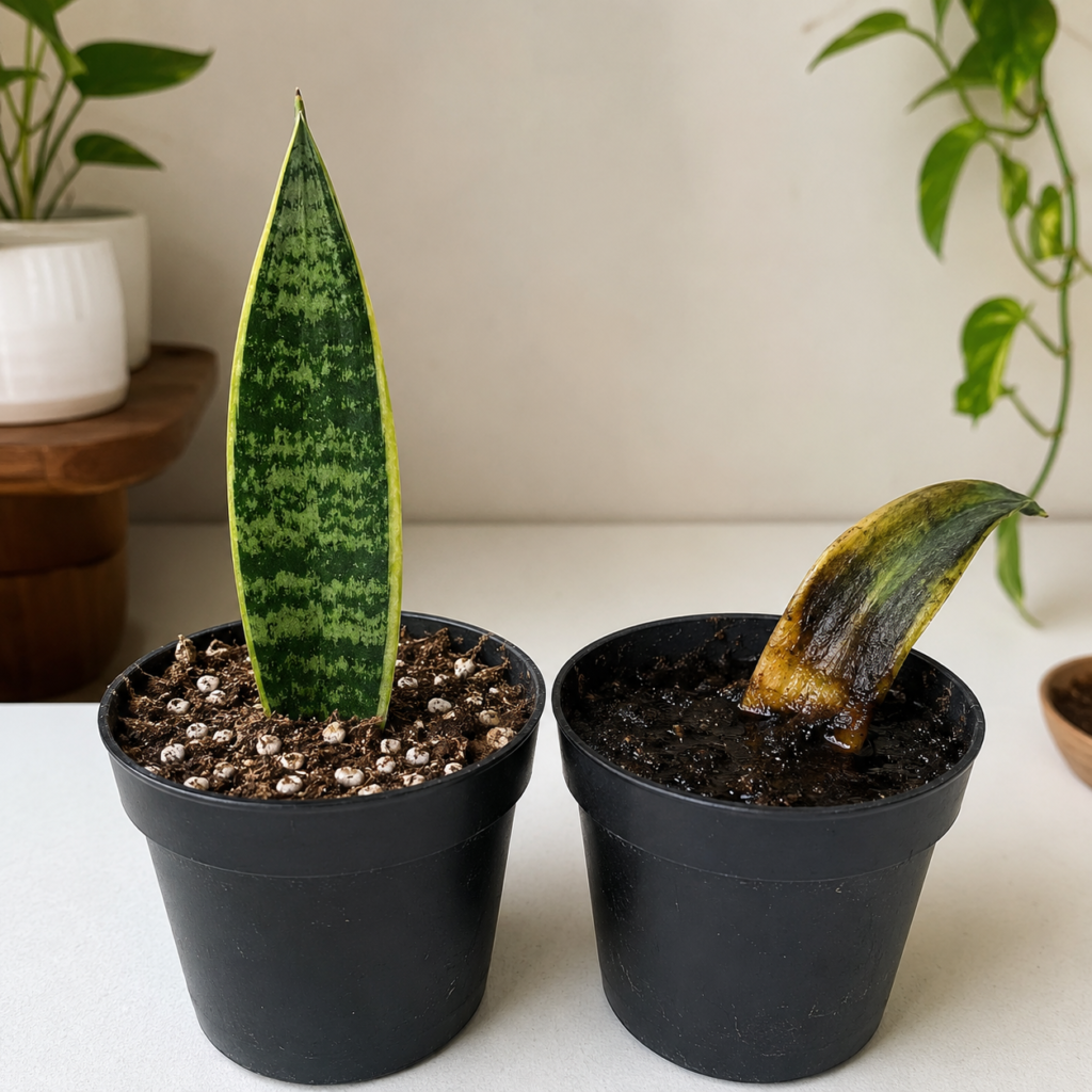 Healthy and rotting snake plant cuttings compared side by side.