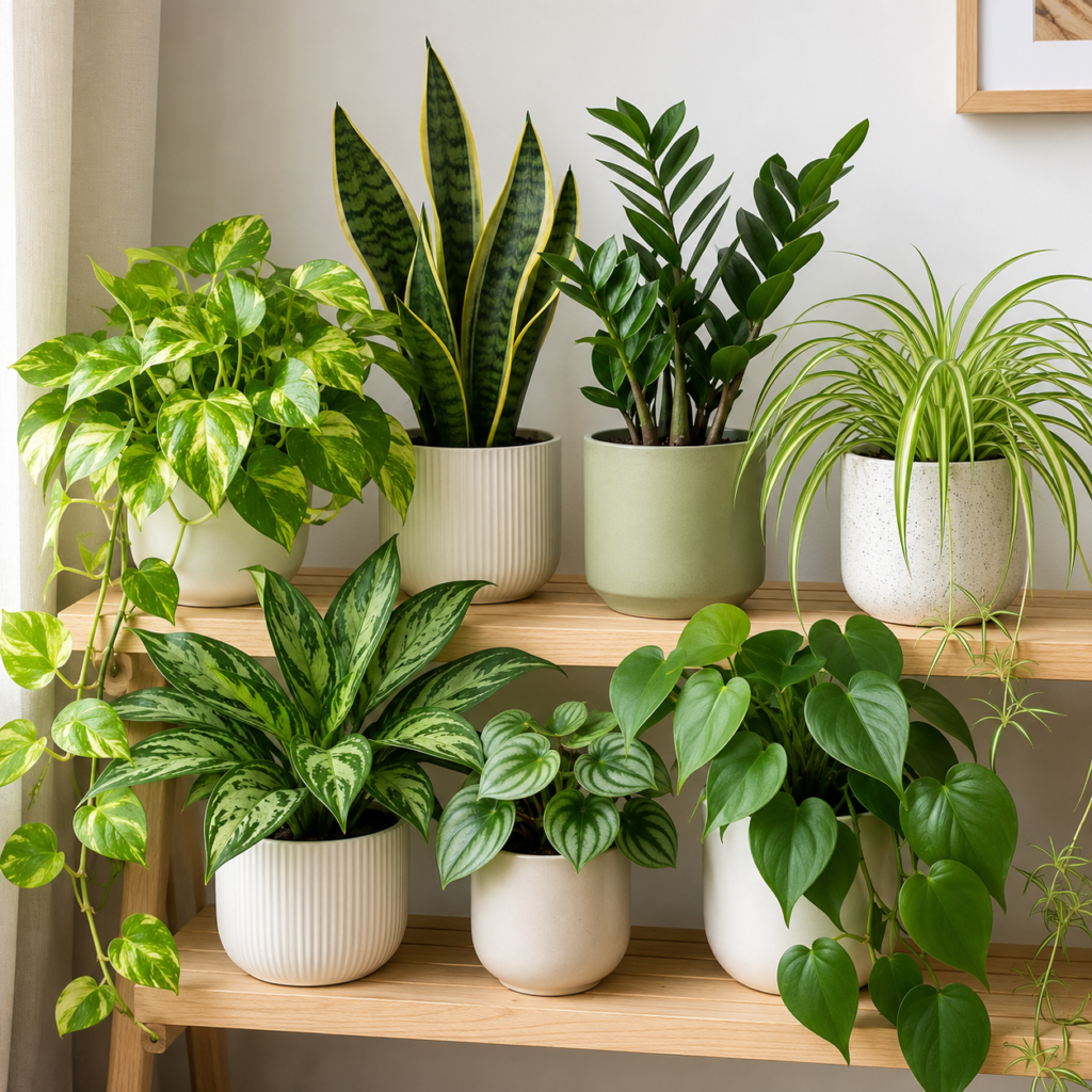 Beginner-friendly foliage indoor plants on a shelf.