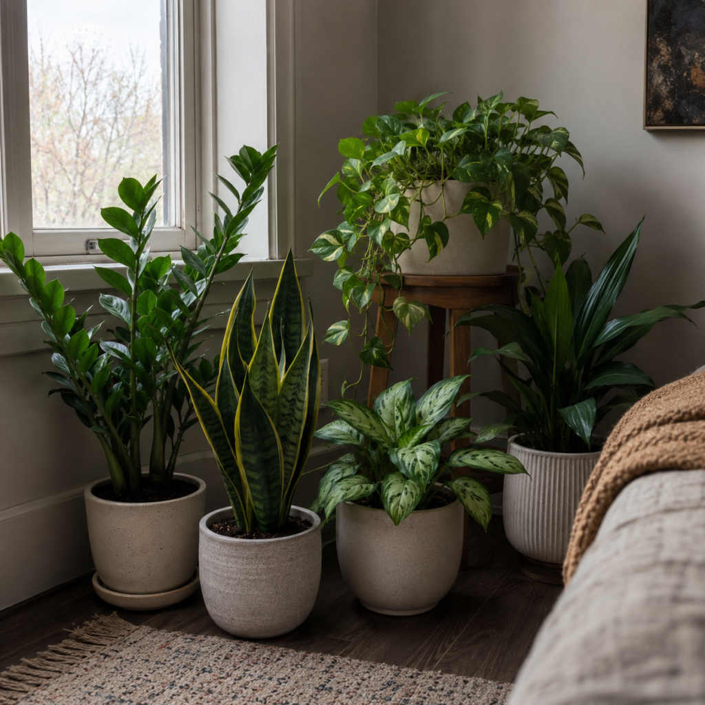 Low-light foliage indoor plants near a window.