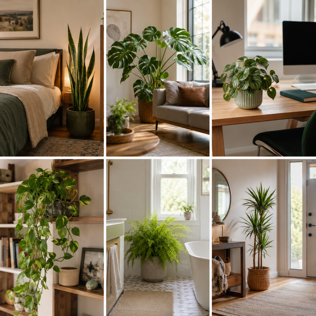 Foliage indoor plants placed in different rooms.