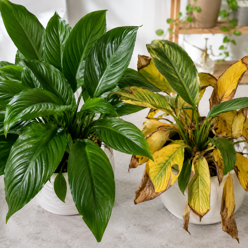 Healthy and stressed foliage plant leaves.