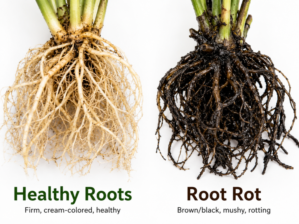 Healthy houseplant roots compared with rotten mushy roots.