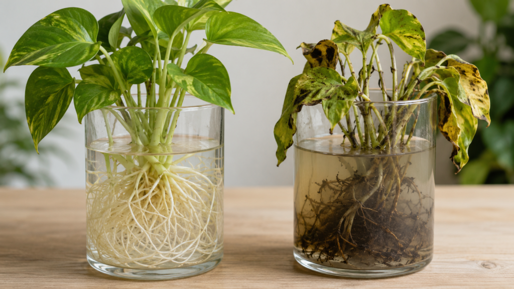 Healthy and rotten plant roots
