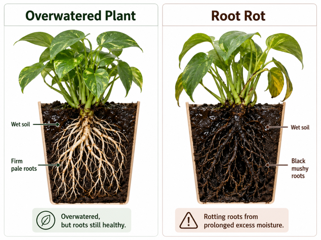Root rot vs overwatering comparison for houseplants.