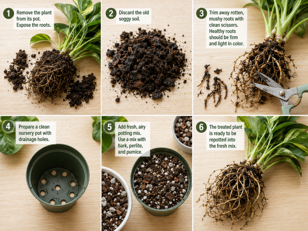 Step-by-step root rot treatment for houseplants.