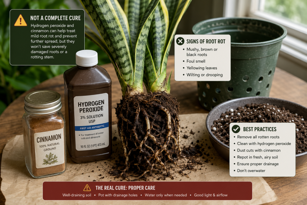 Hydrogen peroxide and cinnamon are not complete root rot cures.