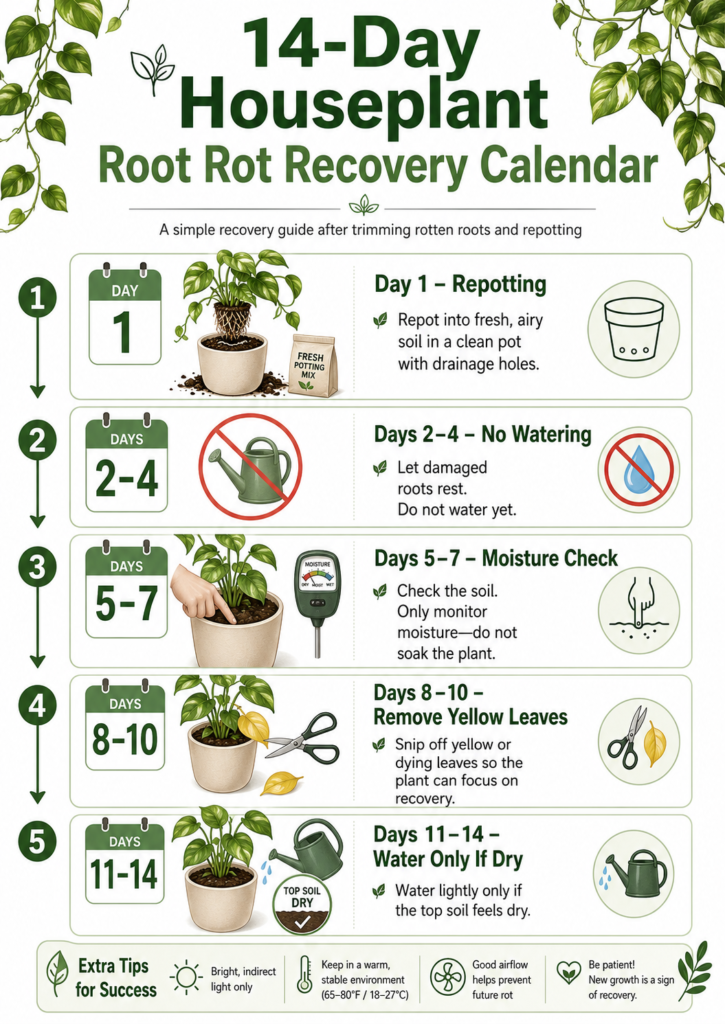 14-day recovery calendar after root rot repotting.