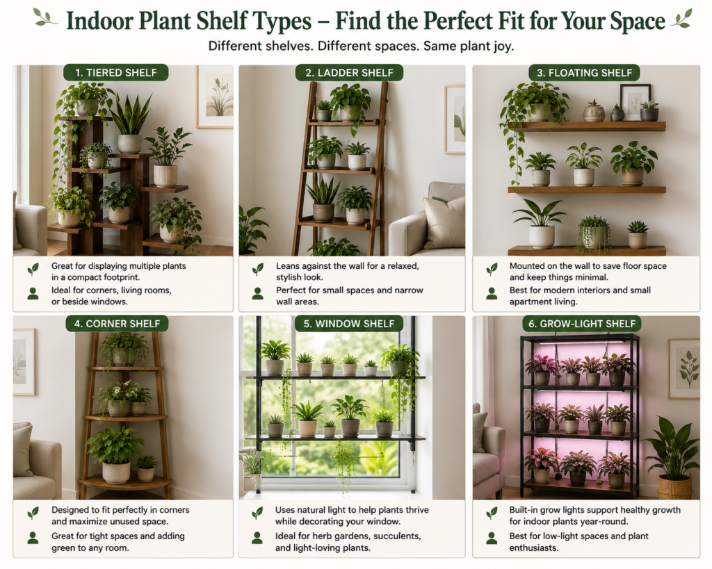 comparison of indoor plant shelf types.