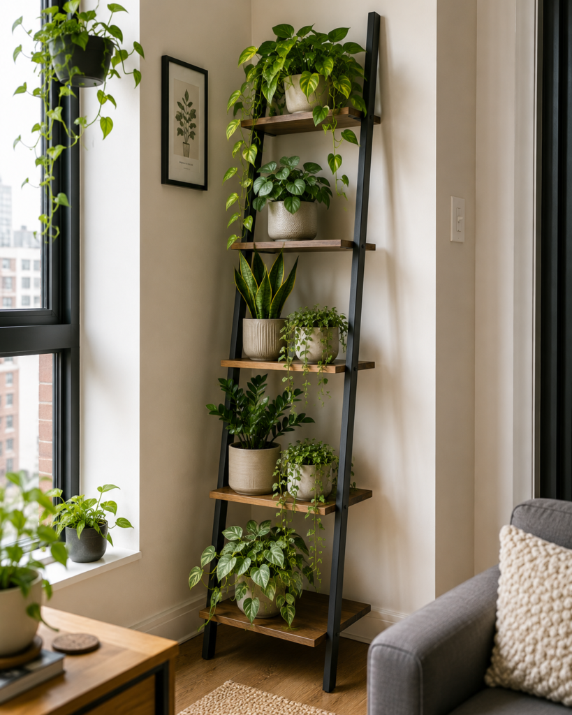 small apartment indoor plant shelf idea.