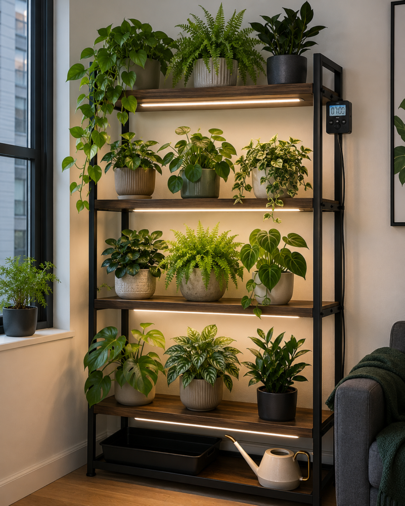 indoor plant shelf with grow lights.
