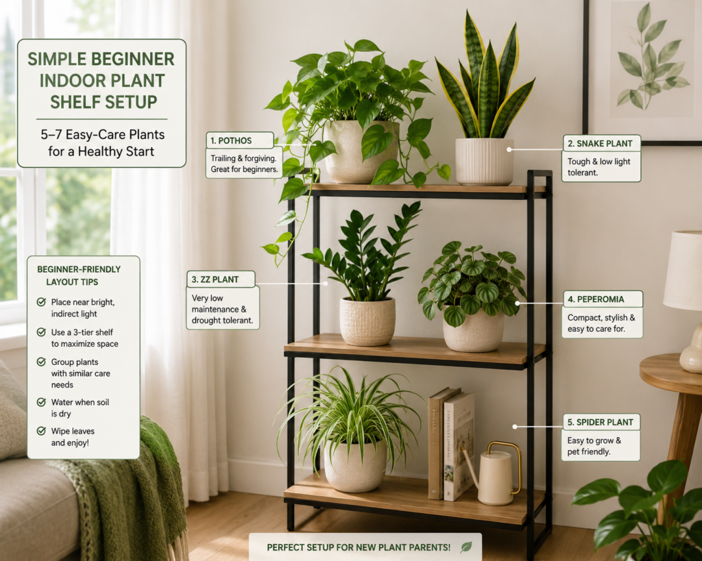 beginner indoor plant shelf setup.
