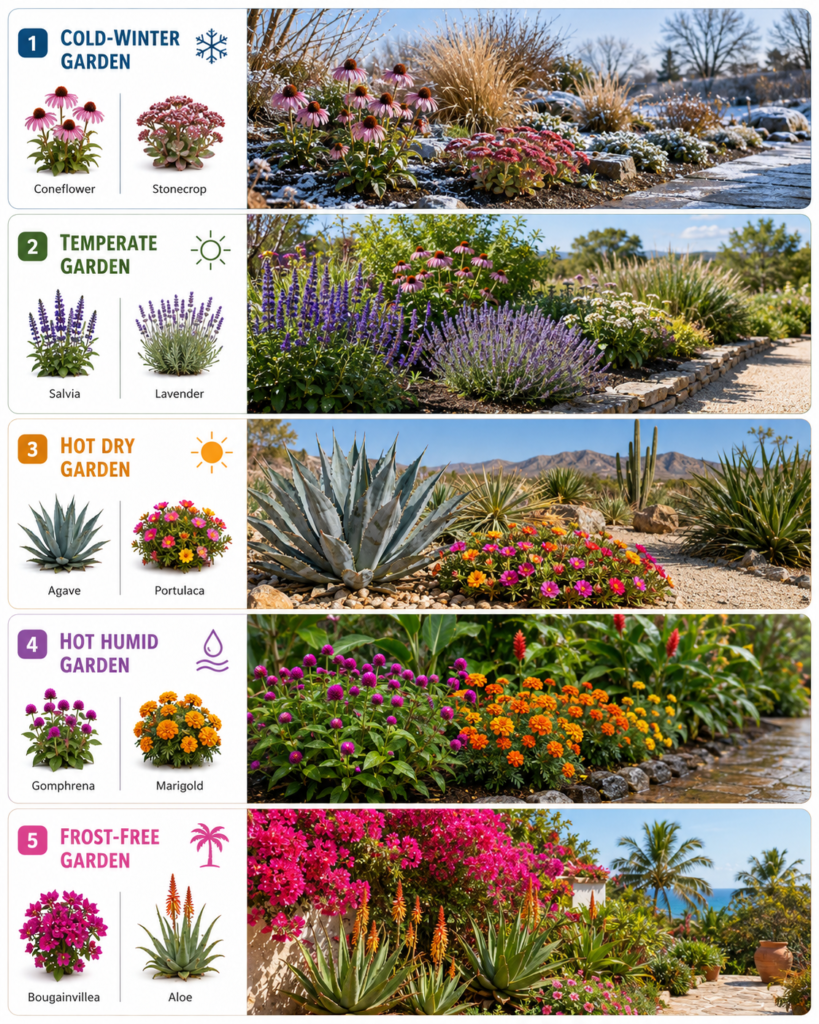 Outdoor plants for full sun by climate.
