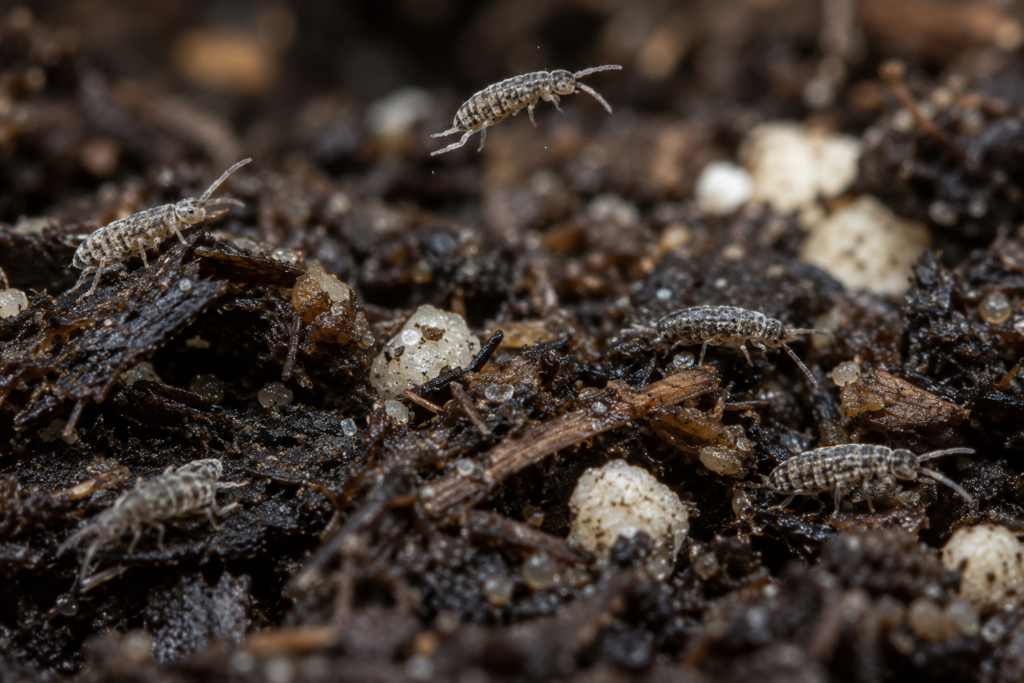Close-up of small wingless springtails on damp potting soil..