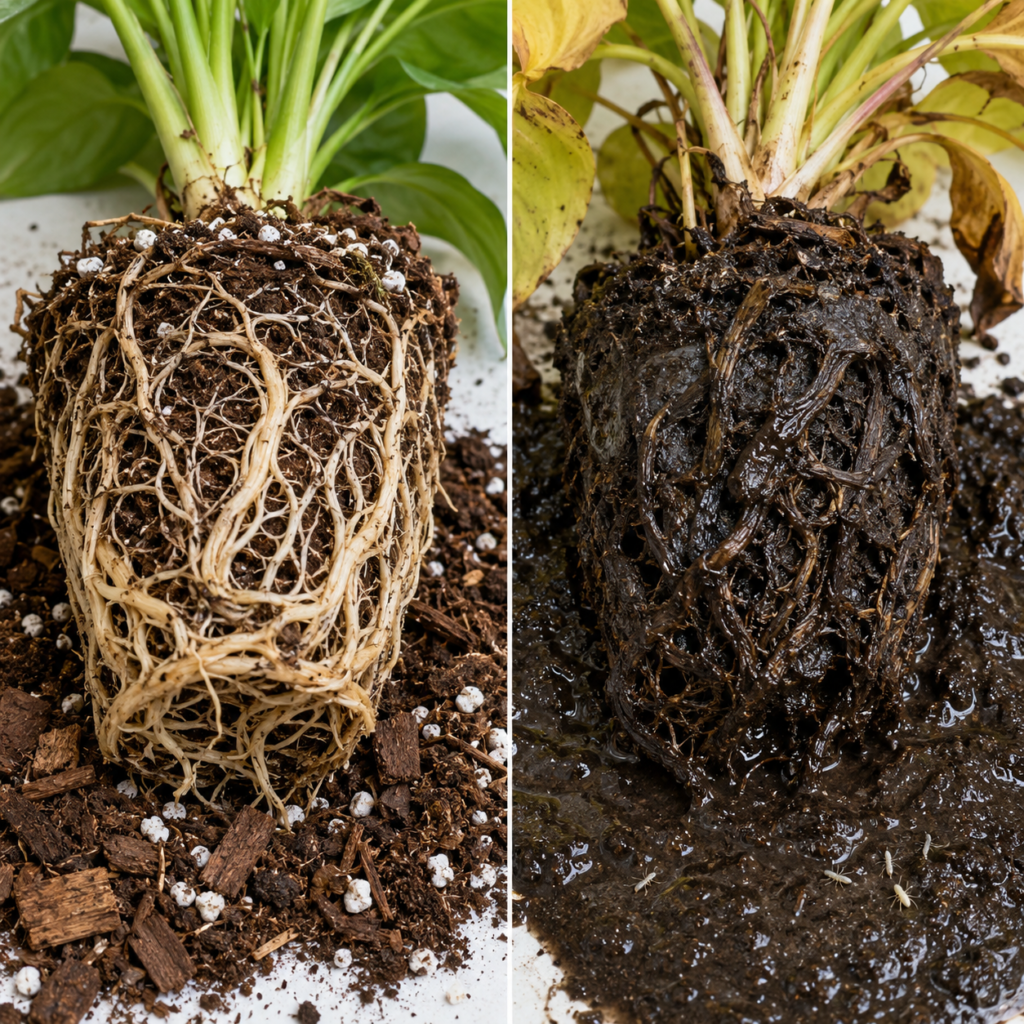 Healthy roots vs root rot.