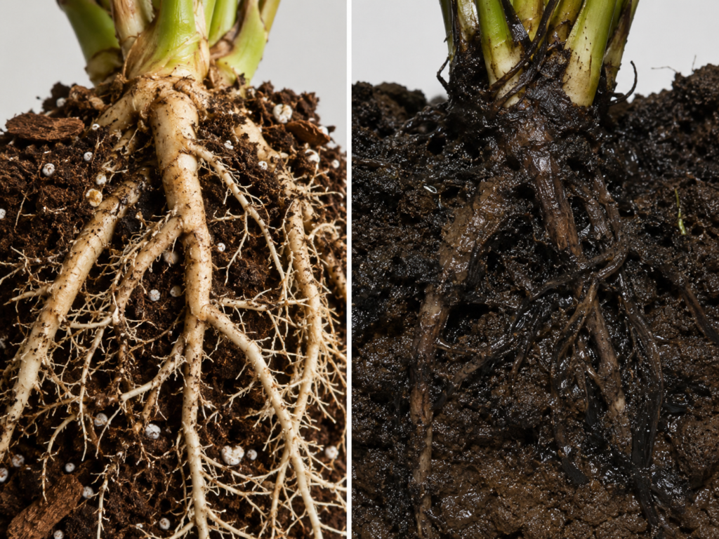 Healthy and rotten roots.