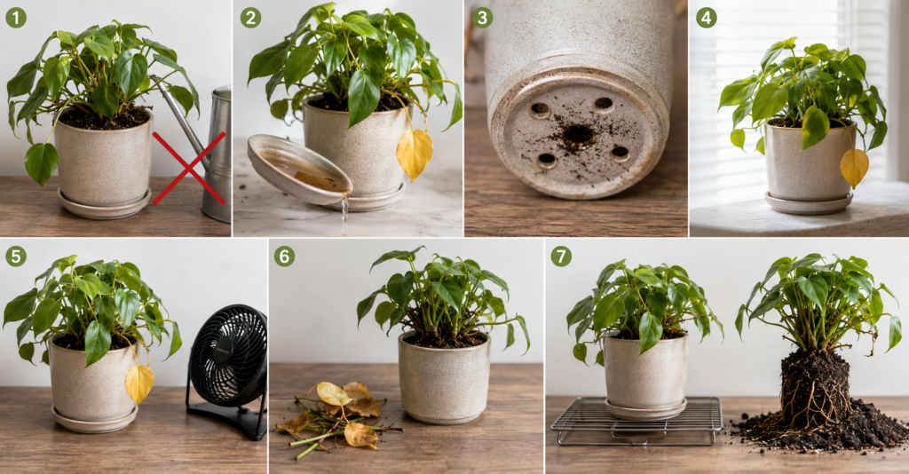 Overwatered plant rescue steps.