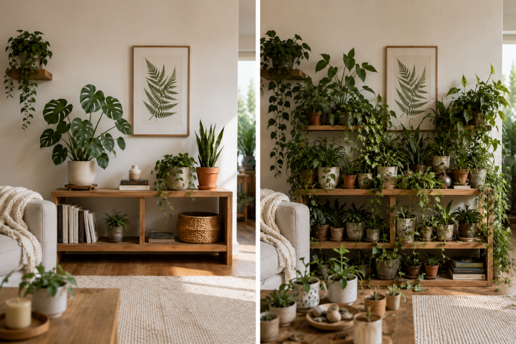 Styled vs cluttered shelf.